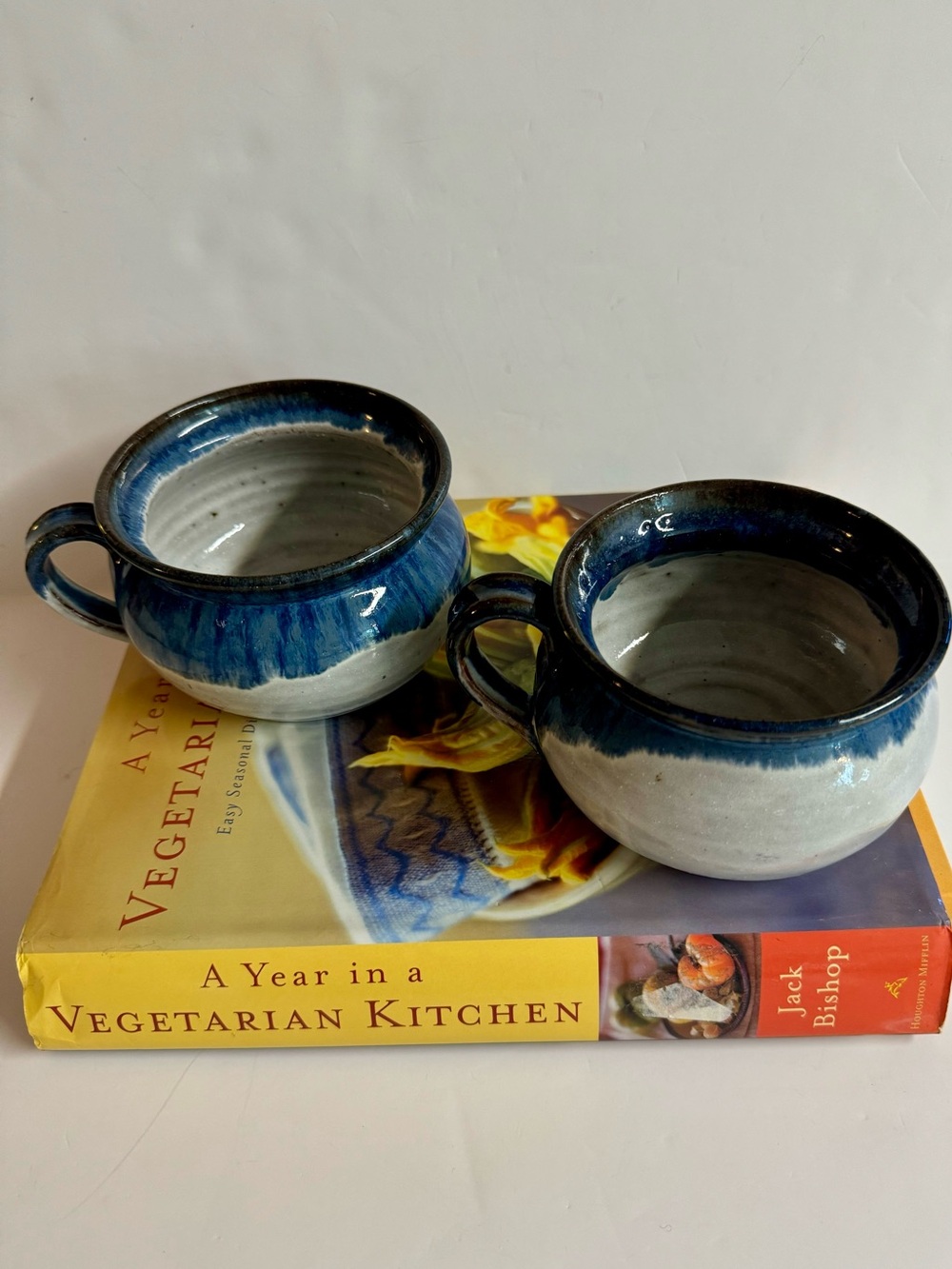 Vintage Signed Handcrafted Blue and Gray Ceramic Mugs - Set of 2